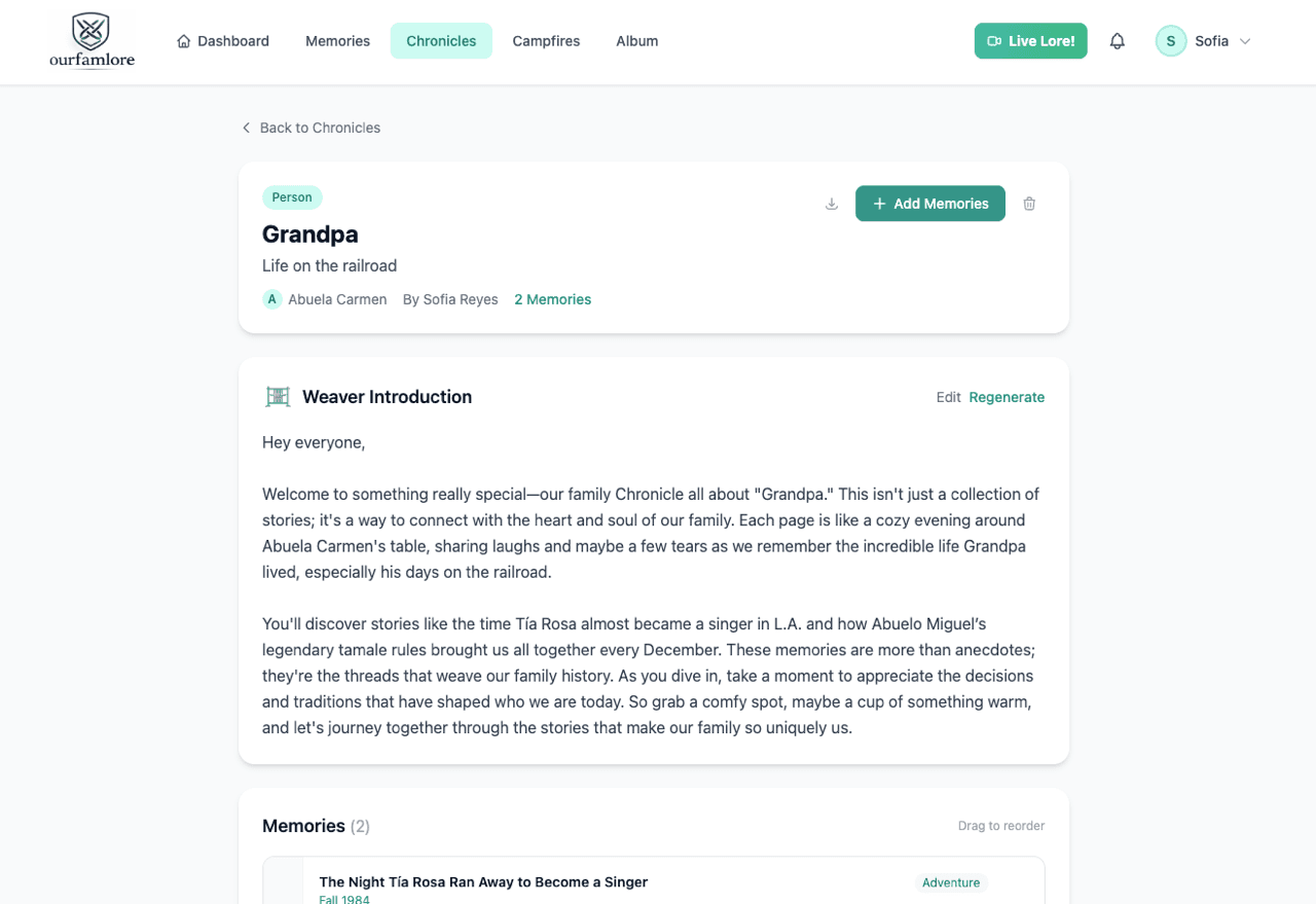 OurFamLore chronicles view