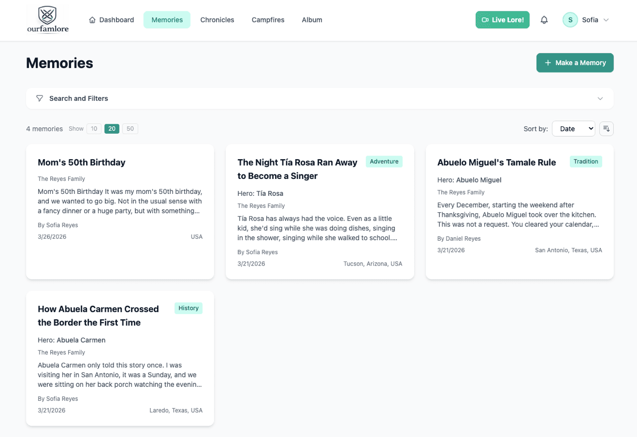 OurFamLore memory creation screen