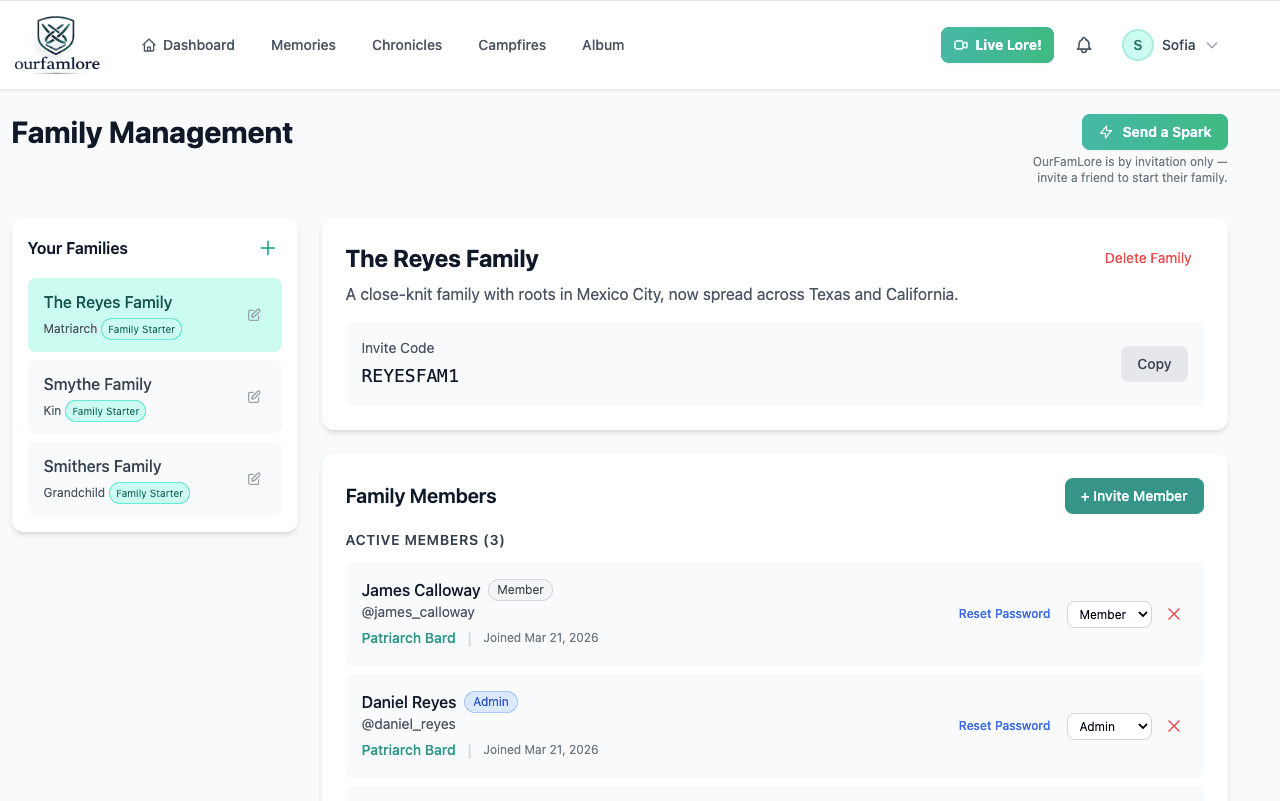 OurFamLore onboarding and invitation screen
